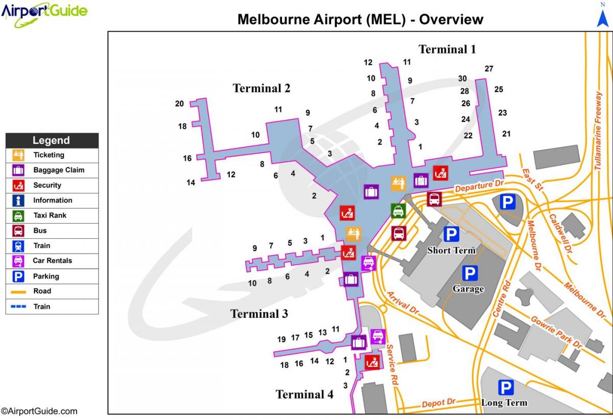 墨尔本的Tullamarine机场的地图